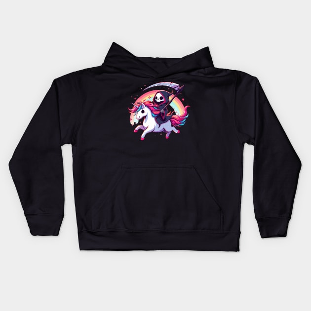 Grim Reaper Death Riding Rainbow Unicorn Kids Hoodie by TomFrontierArt